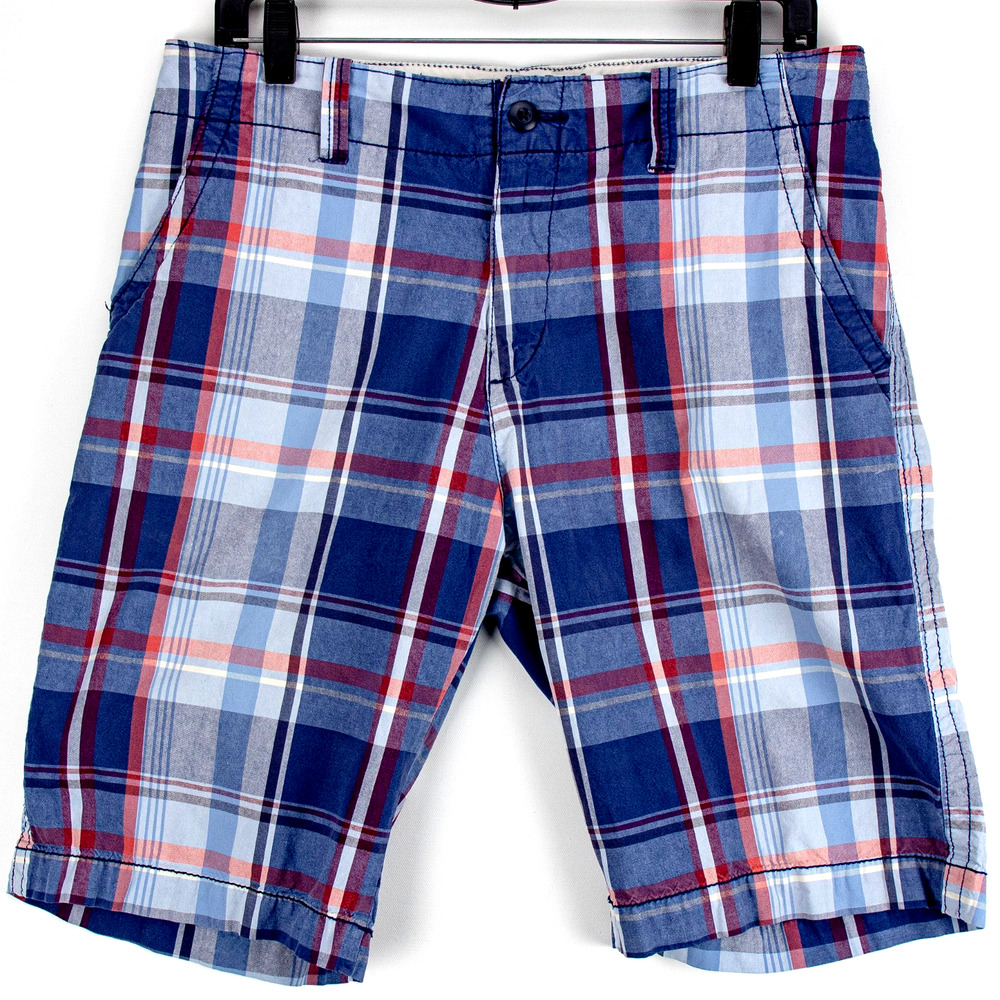 Old Navy Plaid Shorts Mens 30 Red White Blue Cotton Chino 12" Inseam Casual
